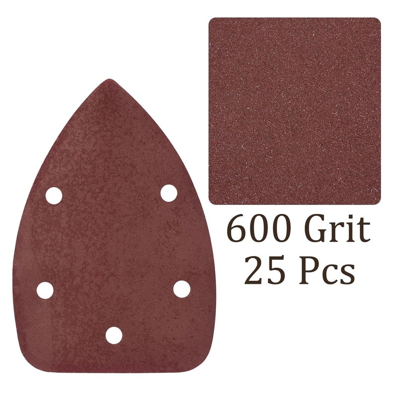 Kozelo 25pcs Mouse Sander Detail Sandpaper - [600 Grit, 3.5" x 5.5"] Triangle Hook and Loop Assorted Sanding Pads Sheet for Wood Furniture Polishing Use | 5 Hole, Aluminum Oxide - Image 4